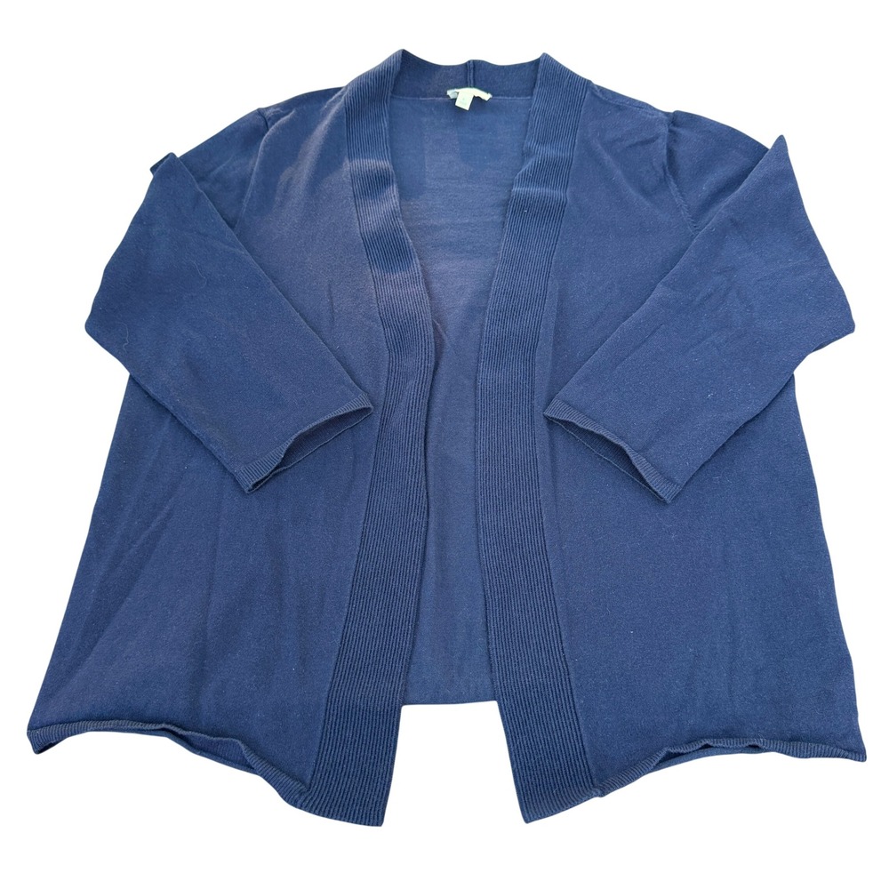 Talbots Navy Blue Open Front Cardigan Ribbed Shawl Collar 3/4 Sleeve Size L